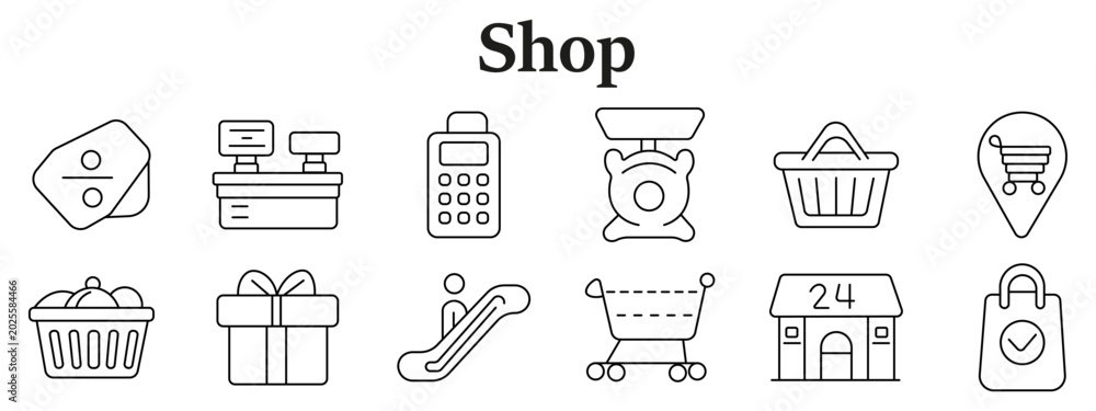 Fototapeta premium Shop set icon. Line icons depict price tag, cashier desk, payment terminal, scale weight, basket, location pin, grocery basket, gift box, escalator, shopping cart, store building, bag check