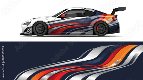 Photography Sleek race car with vibrant multi color livery speeding on the track