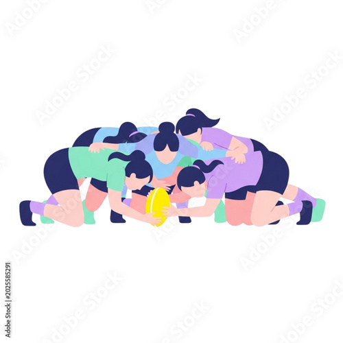 Women's rugby team scrum in colorful sportswear on white background  