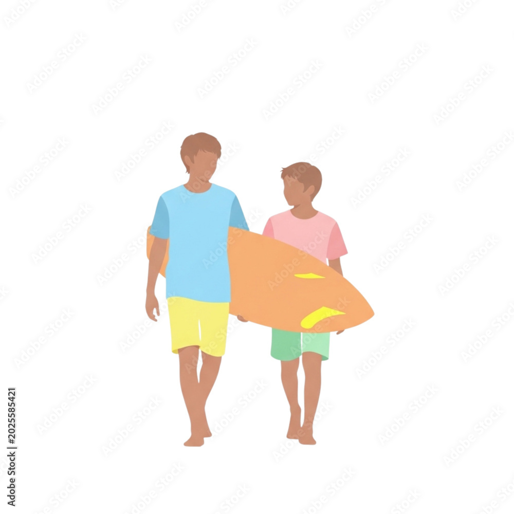 Fototapeta premium Two boys walking together with surfboard on white background 
