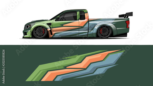 Konstfotografi Vibrant Graphic Wrapped Sports Car with Bold Aerodynamic Design.