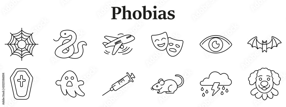 Fototapeta premium Phobias fear set icon. Spider web, snake, airplane, theater masks, eye, bat, coffin, ghost, syringe, mouse, storm cloud, dog head line style.