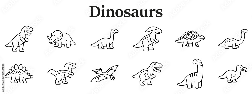 Fototapeta premium Dinosaur cartoon set icon. Smiling tyrannosaurus, triceratops, long neck, crested dinosaur, armored species, spotted bodies, flying reptile, playful shapes line style children theme.