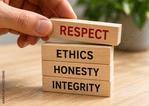 Hand holds respect block atop ethics honesty integrity words.