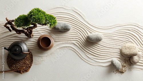 Zen Garden With Bonsai Tree: Tranquil Still Life Of Tea Set And Sand Landscape