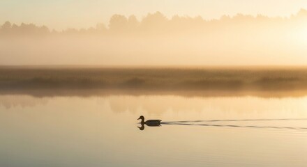 A single wild duck swimming on a calm lake during a misty sunrise with golden morning light and soft fog over the water surface in the countryside