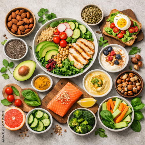Photorealistic flat lay of healthy foods including avocado, salmon, quinoa, berries, nuts, and fresh vegetables arranged beautifully on a textured surface with vibrant colors.