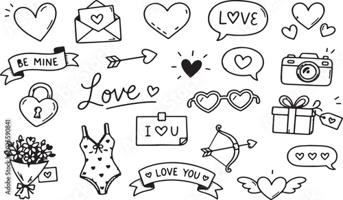Set of cute hand drawn love and valentines day doodles including hearts arrows gifts and romantic symbols for greeting cards and scrapbooking
