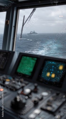 Wide interior shot of a ship bridge with navigation consoles and radar screens looking toward the ocean for maritime background and control room banner