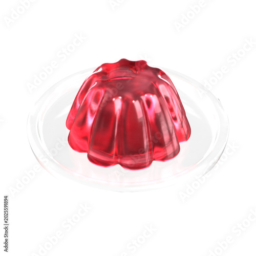 Konstfotografi Red jelly dessert on glass plate, isometric view, transparent background, 3D ren