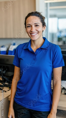 Confident smiling woman in blue polo shirt at counter for retail service portrait and corporate banner design