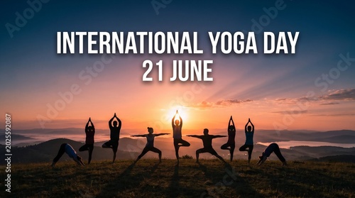 People practicing yoga silhouettes on mountain at sunset for international yoga day