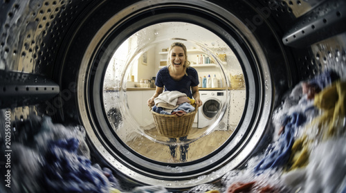 Washing machine drum laundry room happy woman basket spinning clothes detergent appliance household chore pov shot laundry room happy woman holding basket while spinning clothes blur washing