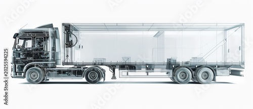 Detailed 3D wireframe model of a semi-truck with trailer. Transparent grid mesh outlines cab, chassis, wheels, axles and enclosed cargo box in clean blueprint style on white background