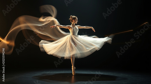 #motionblurchallenge elegant ballerina spinning, flowing fabric, luminous motion trails, long exposure photography, glowing white and gold light, dreamy, cinematic spotlight, black background, etherea
