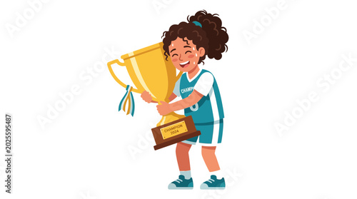 Tableau sur toile Happy Girl Holding Large Gold Trophy, Celebrating Victory