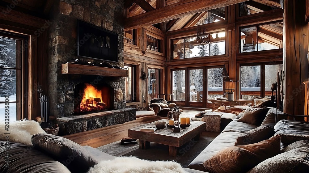 Naklejka premium This professional photograph captures the cozy interior of a luxurious mountain lodge featuring a rustic stone fireplace and large wooden beams during a calm winter day
