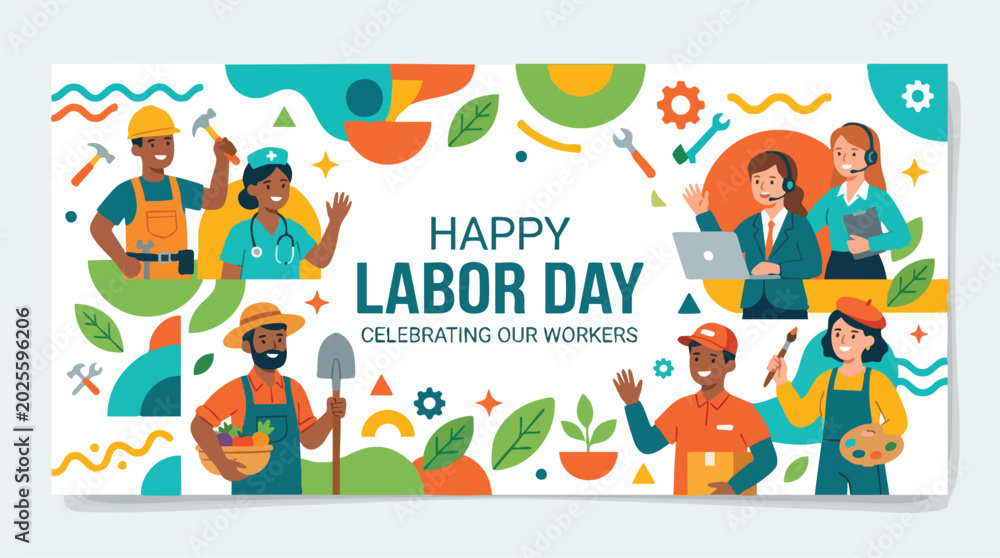 Fototapeta premium Vibrant Labor Day banner vector celebrating workers with modern template design