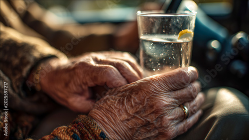 Elderly Hands Holding Water Glass