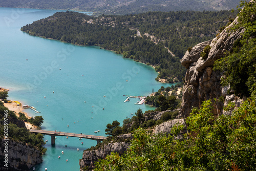 The Lake of Sainte-Croix with the Pont du Galetas seen from the outlet of the Verdon Gorge. Alpes-de-Haute-Provence, France