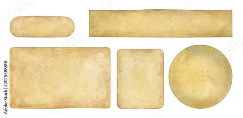 Watercolor vintage parchment paper labels set. Hand Painted aged paper banners, frames and tags with antique texture. Isolated elements on white background. 
