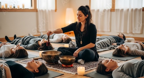 sound bath meditation session where a practitioner leads a group in relaxation using singing bowls.