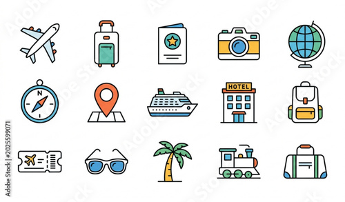 Schilderij op canvas Modern travel related vector icons set with tourism vacation and transportation