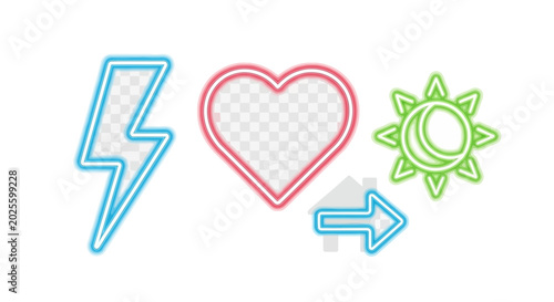 Colorful neon heart sun arrow icons.