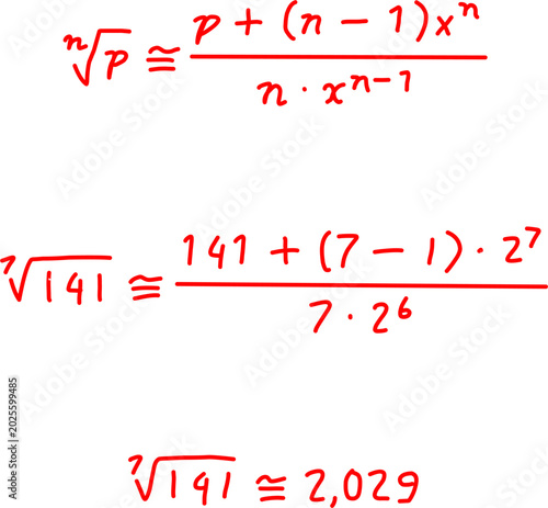 Cuadro en lienzo Mathematical approximation formula for seventh root calculation with algebraic fractions and equations on white background, educational math concept