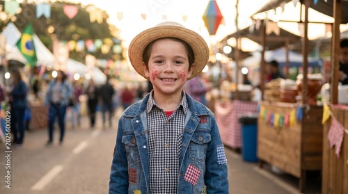 Criança caipira com roupa remendada em cenário desfocado de festa junina