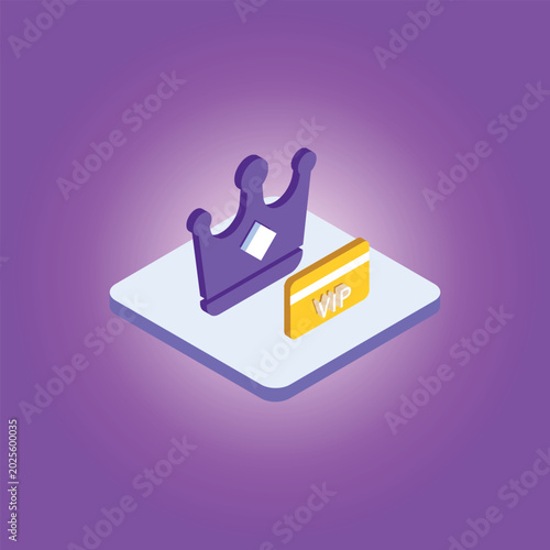 Isometric VIP membership icon featuring a purple royal crown next to a gold credit card with premium VIP text logo.