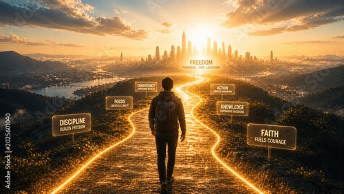 Man standing on path with inspirational signs leading to city at sunrise