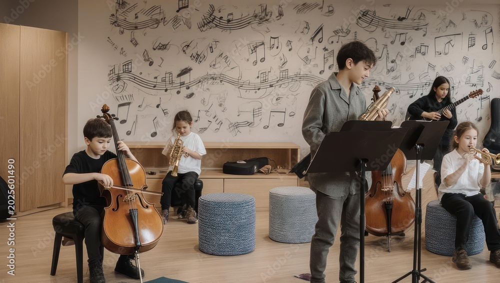 Fototapeta premium Young Musicians Rehearse in a Brightly Lit Room.