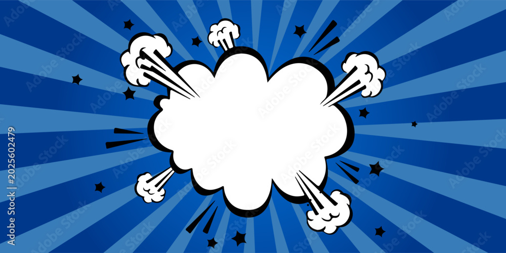 Naklejka premium Empty comic book explosion cloud with white copy space on blue radial sunburst background. Retro pop art vector illustration featuring smoke trails and black stars. Perfect for superhero themes.