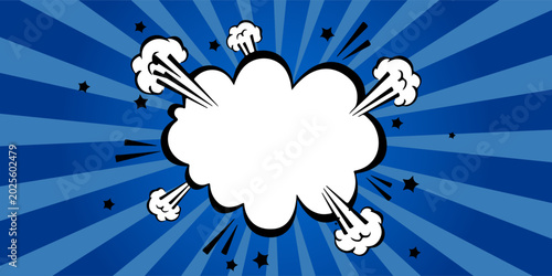 Bild auf Leinwand Empty comic book explosion cloud with white copy space on blue radial sunburst background