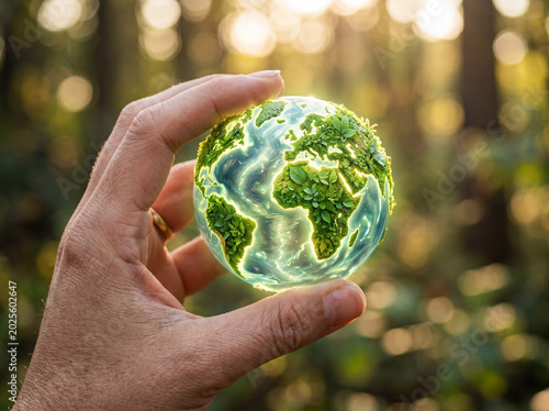 Hand holding a glowing eco globe made of lush green leaves to represent global environmental protection