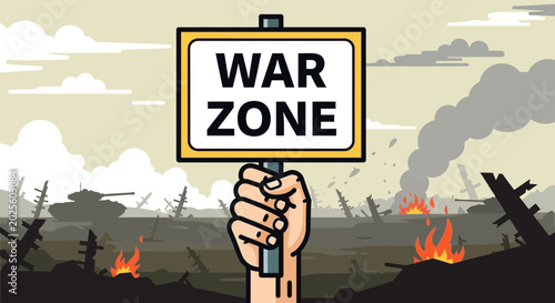 Tableau sur toile Hand Holding War Zone Sign Amidst Battlefield Destruction and Tanks