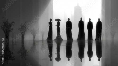 Group of people in formal attire standing in a bright space observing surroundings with reflections on the floor during a gathering
