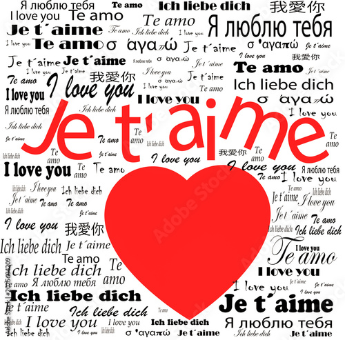 Cuadro en lienzo Je taime word cloud, showing romantic sentiment in many languages on a clean background