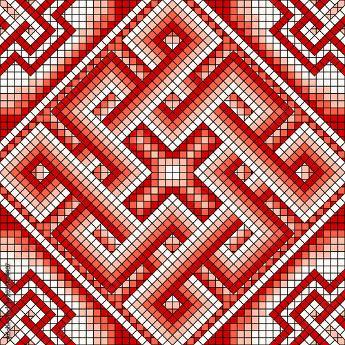 Photography Slavic traditional embroidery pattern with geometric red cross stitch ornament for textile backdrop