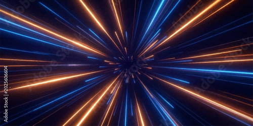 Tableau sur toile Abstract glowing neon light streaks zooming into the distance, creating a dynamic sense of speed and futuristic energy