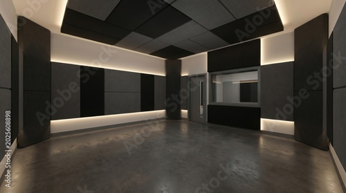 Modern interior design of a home recording studio featuring black acoustic foam panels wooden slat walls and warm ambient lighting.
