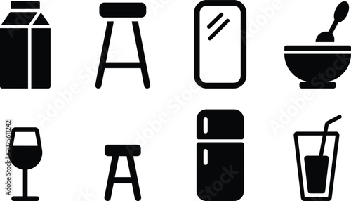 Tableau sur toile Various household and food icons in black silhouette on white background