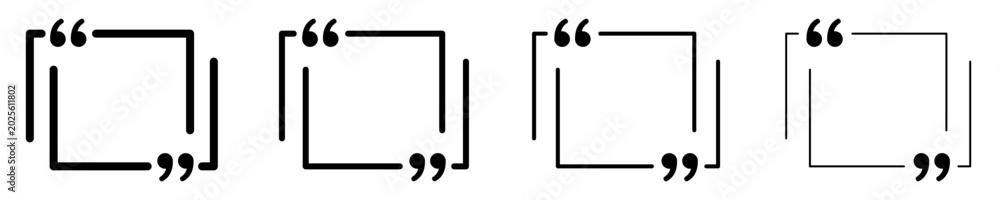 Fototapeta premium Set of linear quote frame icons with different stroke weights. Minimalist templates for testimonials and text blocks. Vector illustration.