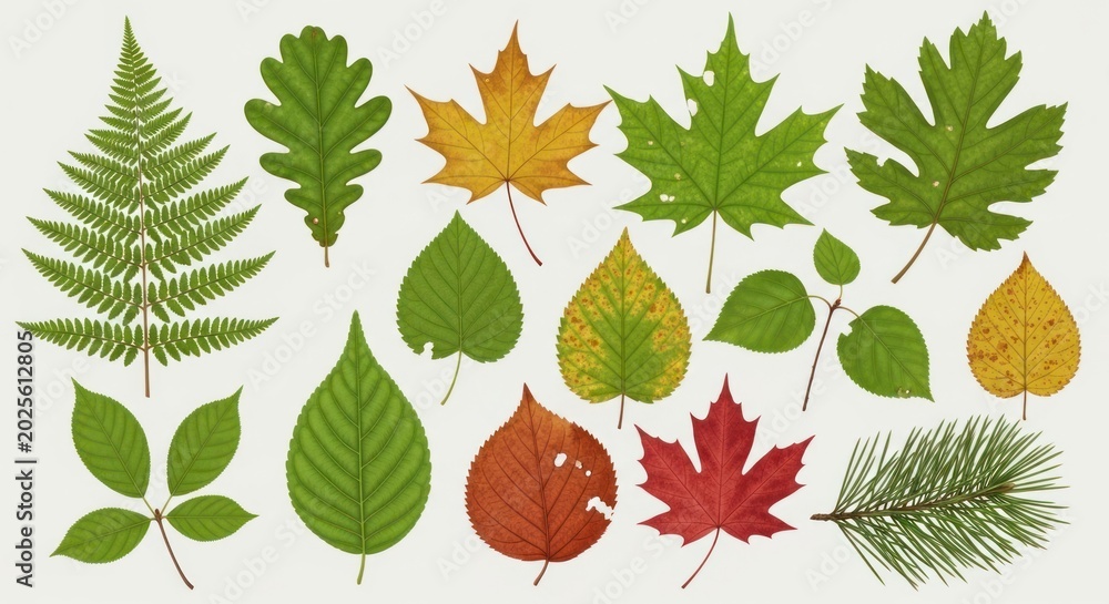 Fototapeta premium Realistic green and autumn tree leaf set.