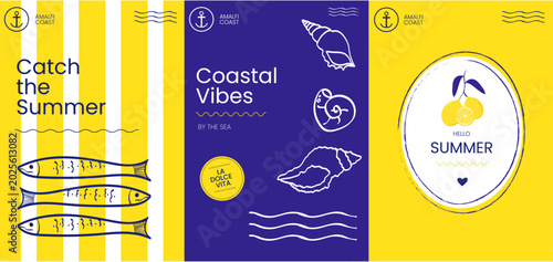 Mediterranean summer card set with sardines seashells and coastal Amalfi style elements