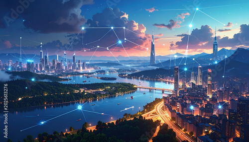 Futuristic cityscape at dawn with network lines overlay, featuring river, bridges, mountains