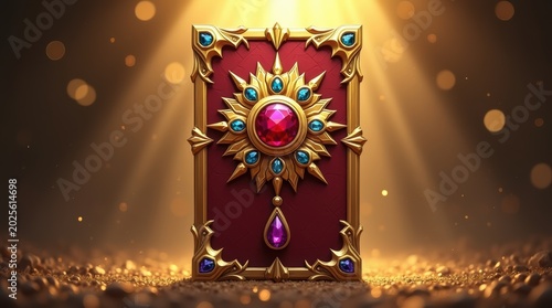Ornate fantasy playing card with a glowing red gem center and golden frame on a dark background with floating golden particles and magical light effects