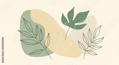 Abstract botanical art with line art leaves and shapes.