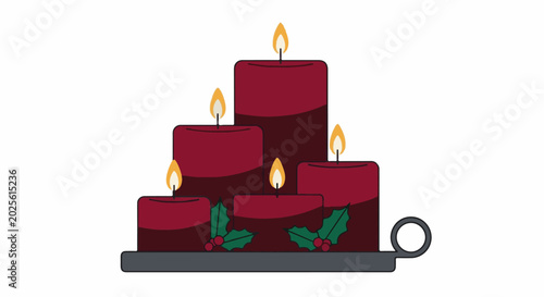 Five burgundy candles with flames and holly on a metal holder